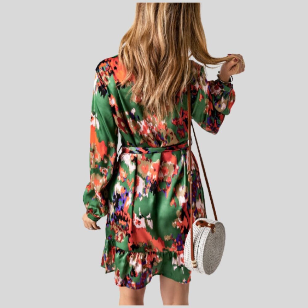 Abstract Print Ruffled Drawstring High Waist Mini Dress - Picture 2 of 5